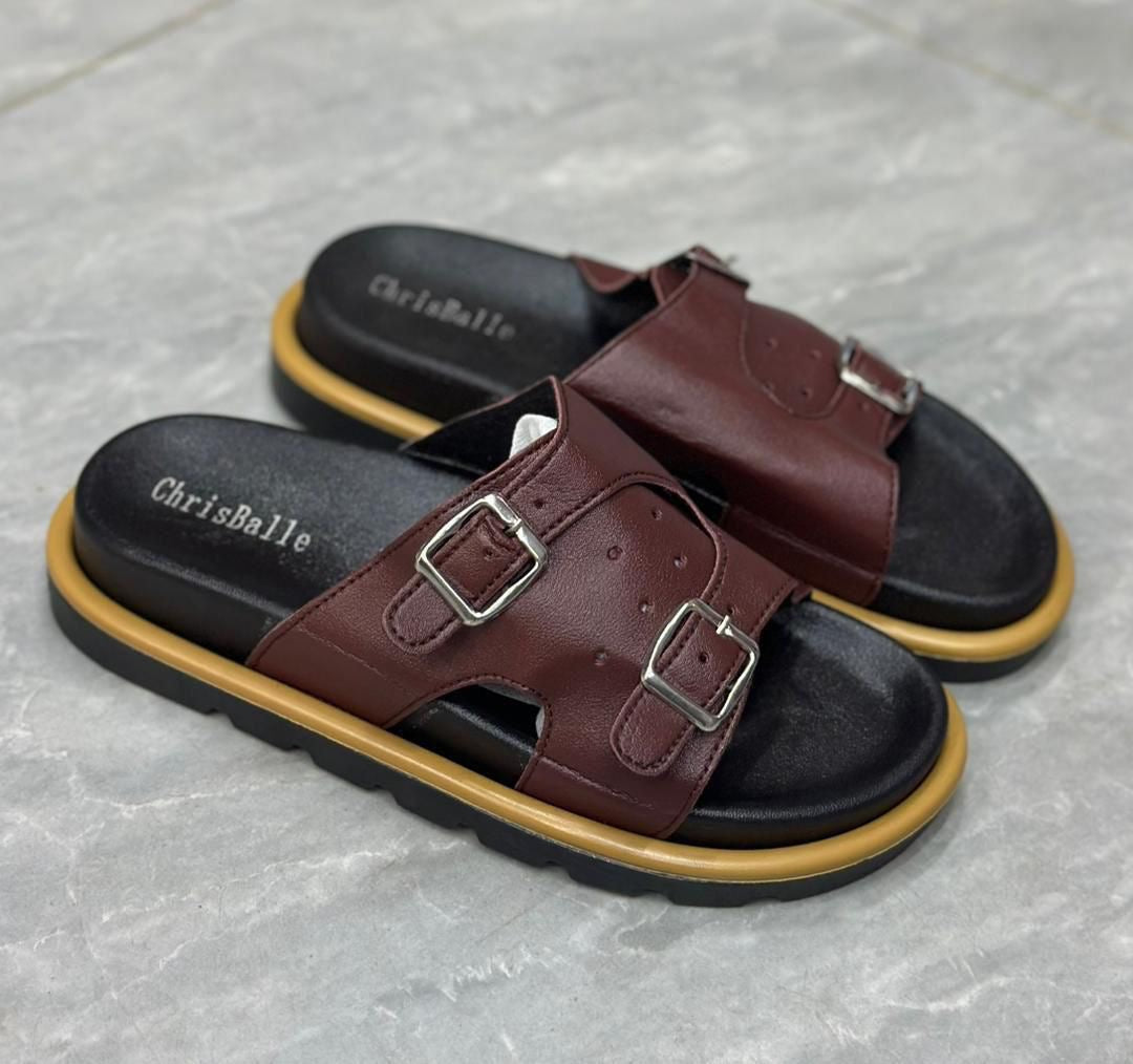 Sandales Homme "ChrisBalle" – Mules en Cuir Gris à Double Boucle & Semelle Confort