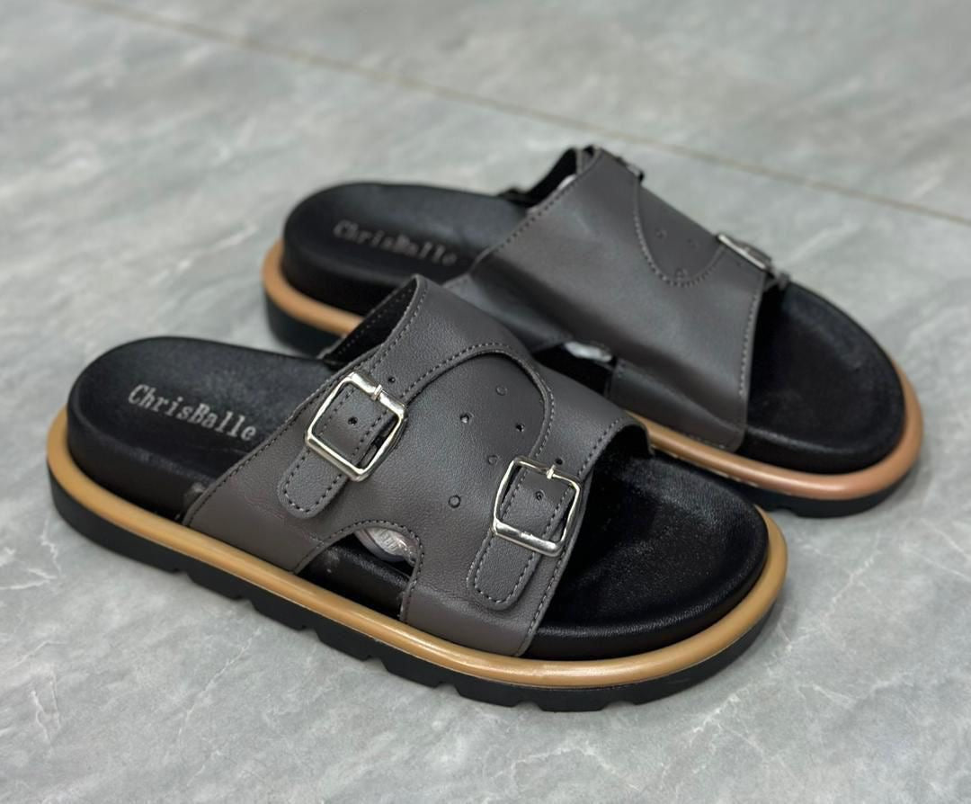 Sandales Homme "ChrisBalle" – Mules en Cuir Gris à Double Boucle & Semelle Confort