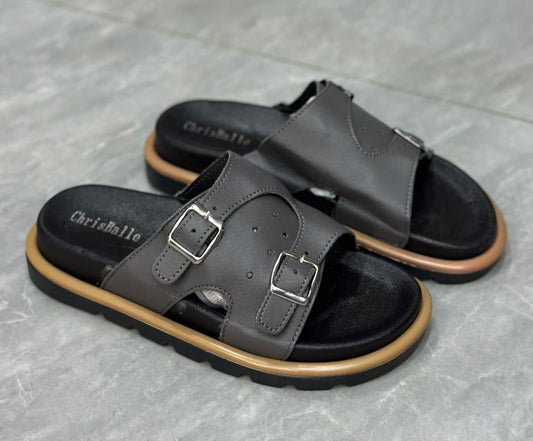 Sandales Homme "ChrisBalle" – Mules en Cuir Gris à Double Boucle & Semelle Confort