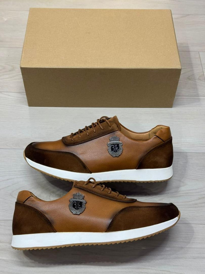 Baskets de Luxe pour Homme en Cuir et Daim Noir – Élégance Sportive