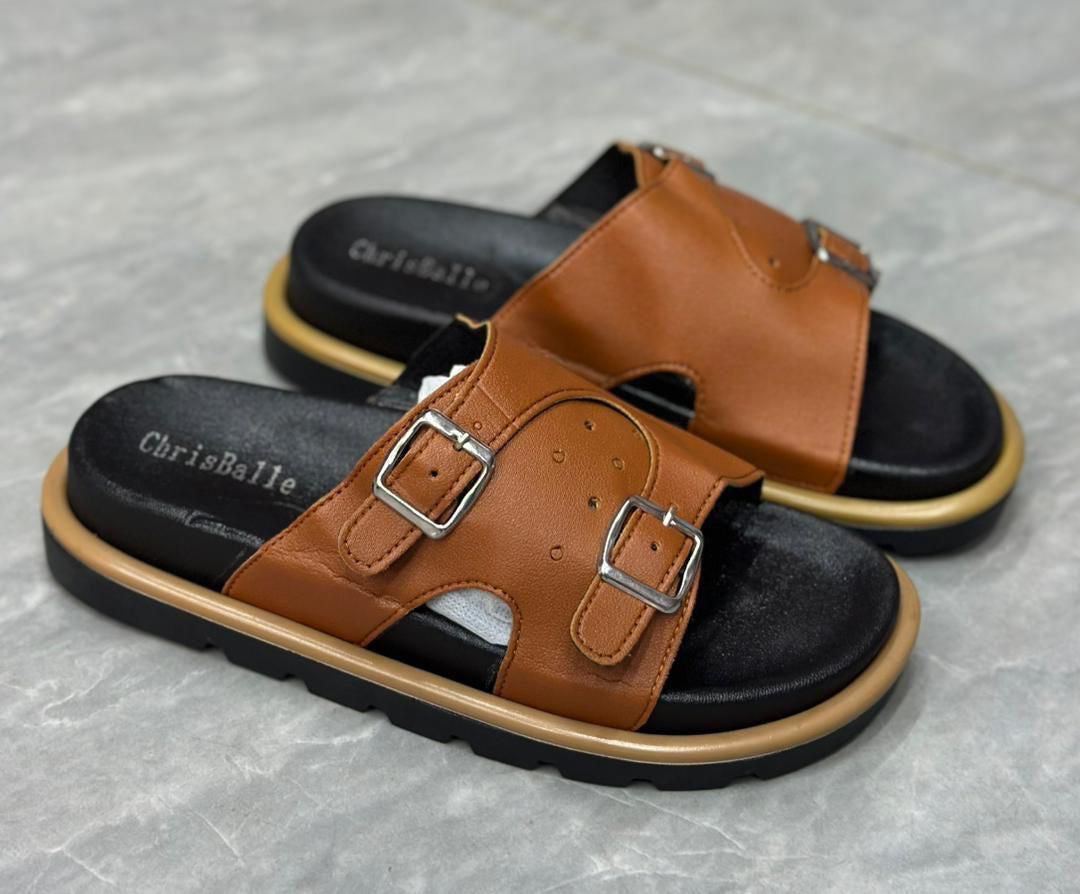 Sandales Homme "ChrisBalle" – Mules en Cuir Gris à Double Boucle & Semelle Confort