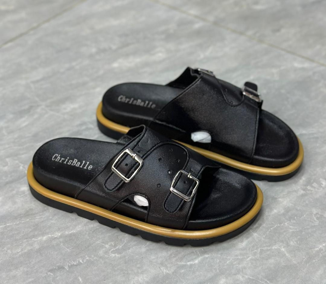 Sandales Homme "ChrisBalle" – Mules en Cuir Gris à Double Boucle & Semelle Confort