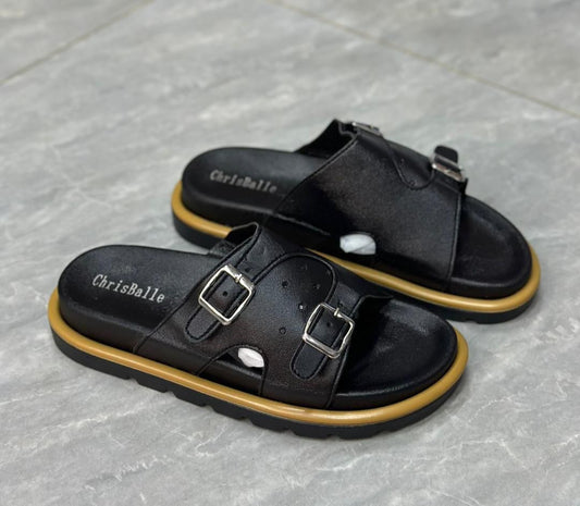 Sandales Homme "ChrisBalle" – Mules en Cuir Gris à Double Boucle & Semelle Confort